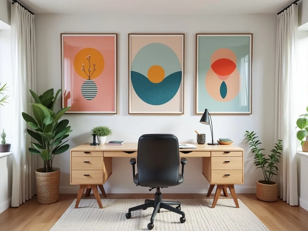 Bright wall art displayed in a modern home office